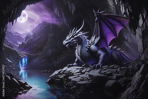 highly detais dragon in the big cave, formidable Kylemore Abbey, dark cave, photo