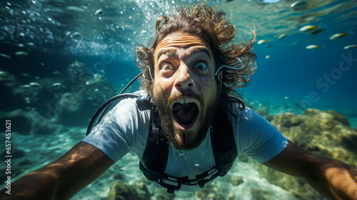 Astonishing diver astounded by underwater treasure, displaying an expression of shocked surprise.