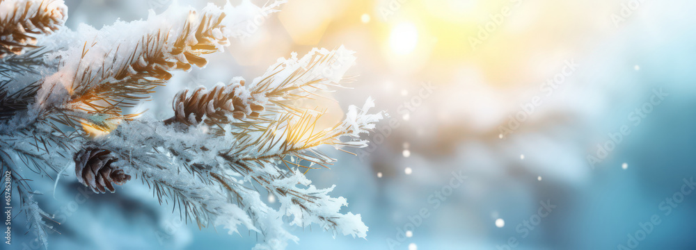 Snowy landscape with Christmas tree by Generative AI