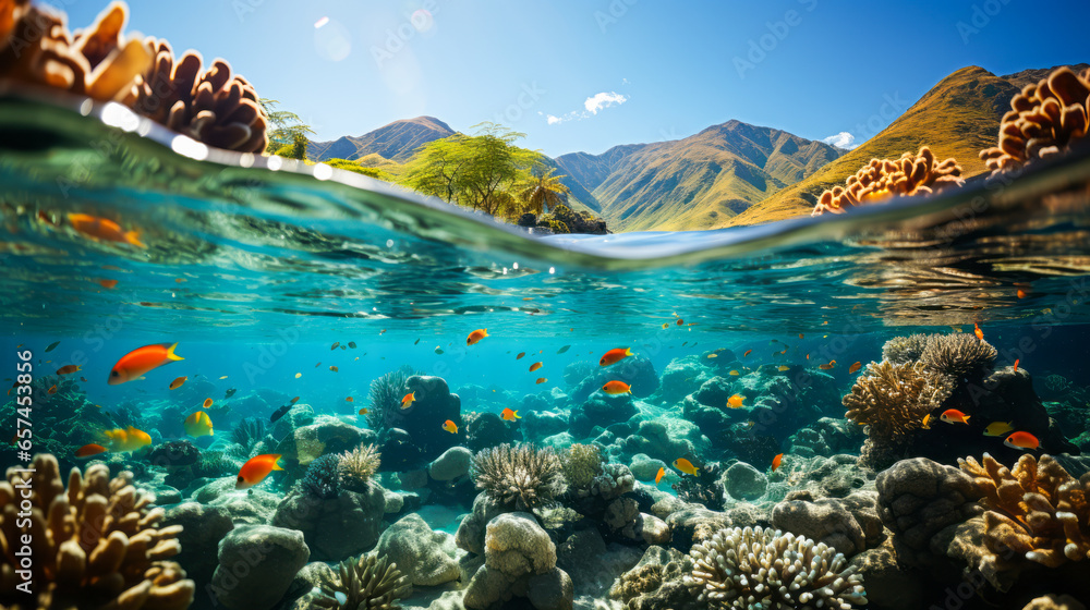Breathtaking underwater exploration in Fiji featuring coral, fish and clear tropical waters. - obrazy, fototapety, plakaty 