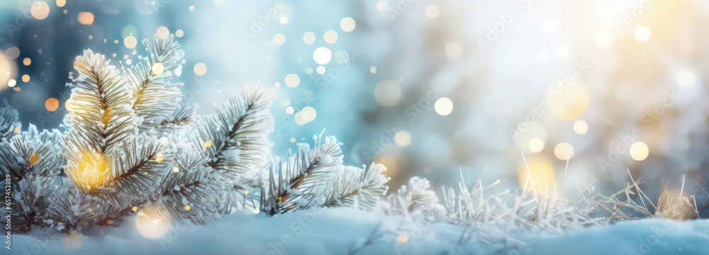 Snowy landscape with Christmas tree by Generative AI Snowy landscape with Christmas tree by Generative AI