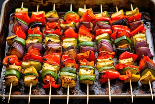 marinade spread over mixed roasted vegetable skewers © altitudevisual