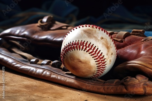 baseball glove and ball on baseball diamond