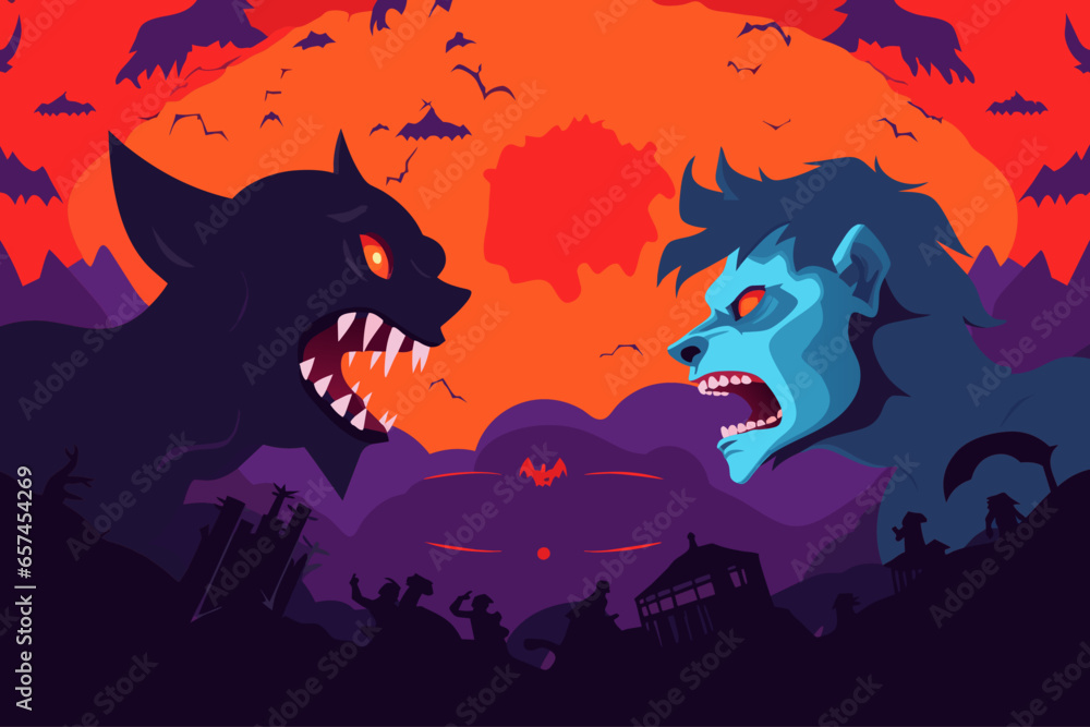 A vector illustration of the werewolf vs vampire with copy space, perfect for a Halloween poster. A vector illustration of the werewolf vs vampire with copy space, perfect for a Halloween poster.