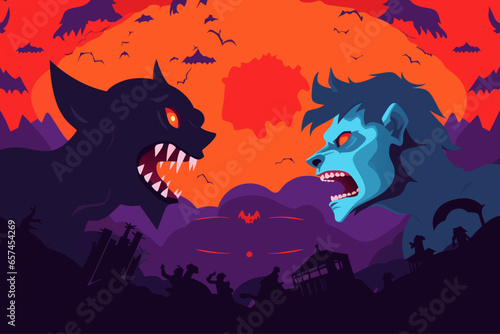 A vector illustration of the werewolf vs vampire with copy space, perfect for a Halloween poster.