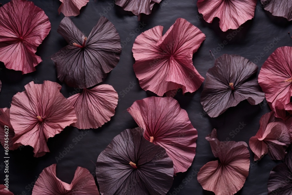 dry hibiscus petals arranged in a pattern on a dark surface