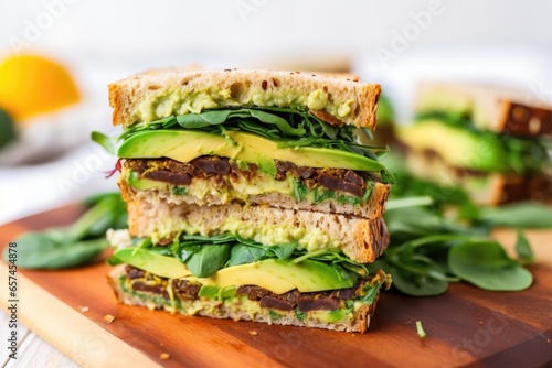 multi-layer avocado sandwich with a bite taken out