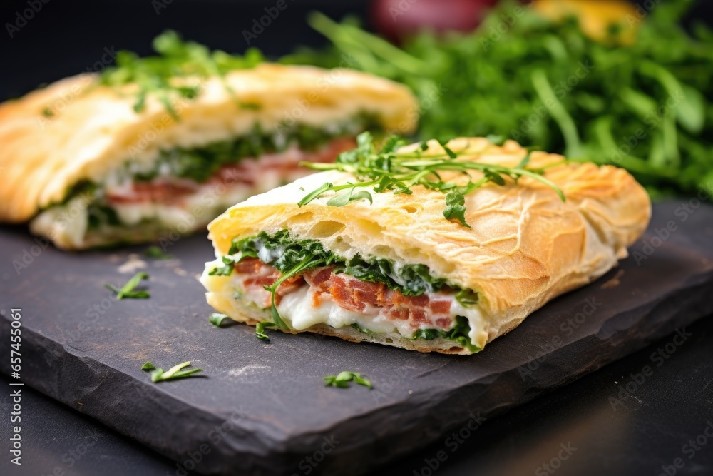 ciabatta sandwich garnished with parsley on a slate board