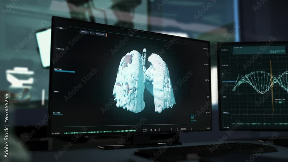 Patient Lung Cancer Illness Data Analysis. High Risk Patients Illness Oncological Analysis Via Modern Scanning Equipment. Futuristic Medical Patient Illness Analysis At A Scientific Laboratory. Patient Lung Cancer Illness Data Analysis. High Risk Patients Illness Oncological Analysis Via Modern Scanning Equipment. Futuristic Medical Patient Illness Analysis At A Scientific Laboratory.