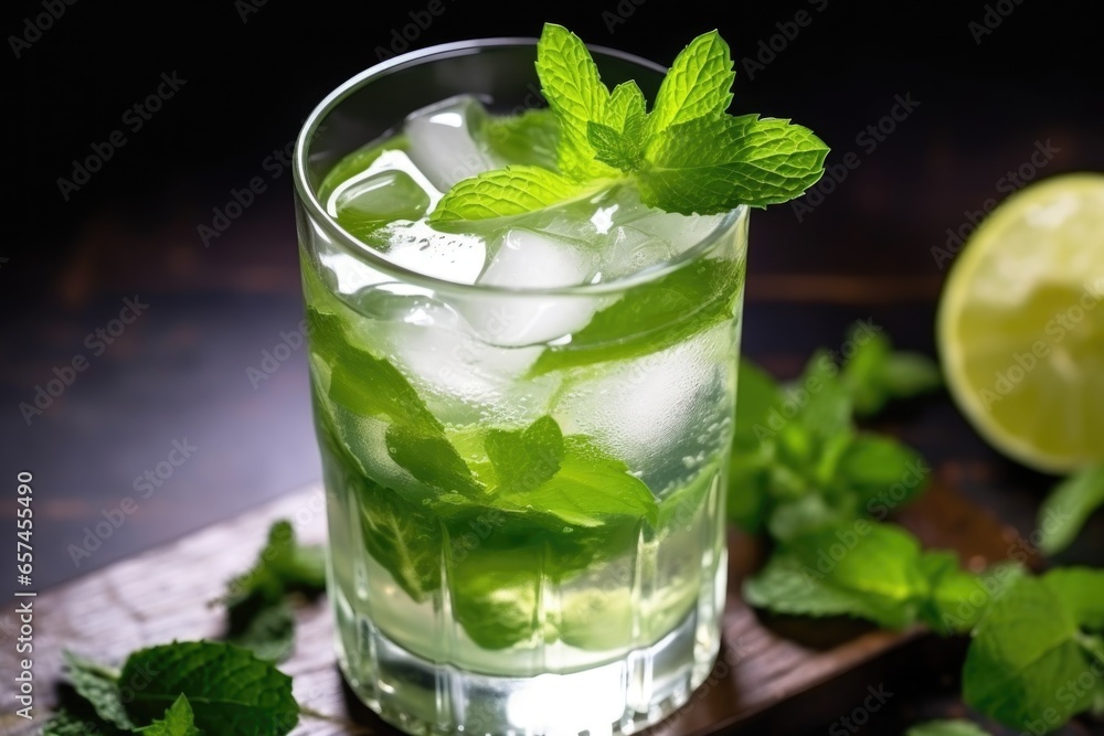 closeup view of a mojito cocktail with lime wedges and mint leaves closeup view of a mojito cocktail with lime wedges and mint leaves