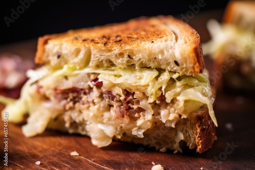 close-up of a bite taken out of a sauerkraut sandwich