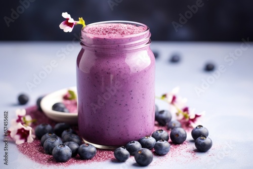 shot of an icy blueberry smoothie in a glass jar