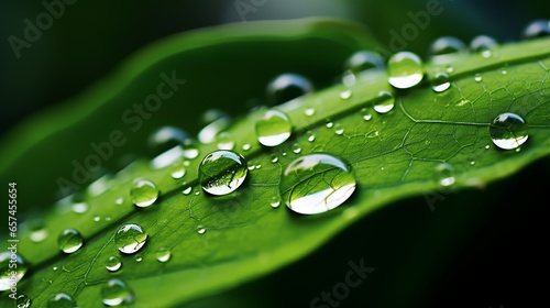 Fresh green leaves with dewdrops, capture nature's purity and freshness. Dew drops on leaves, macro background with water drops on leaf.
