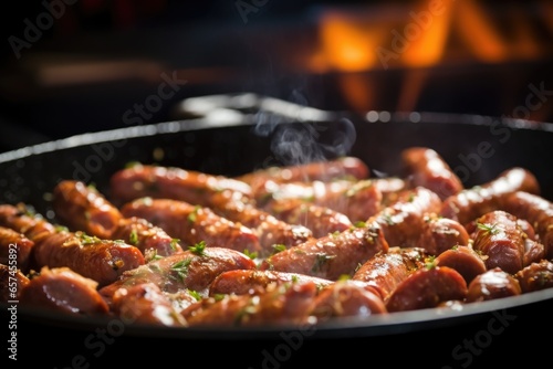 macro shot of sausage sizzling on a stovetop pan