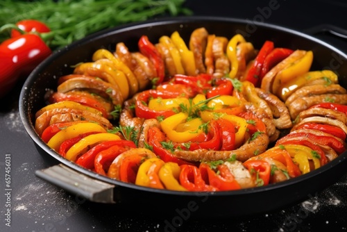 sausage links prepared with bell pepper slices in a pan