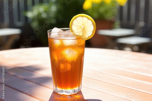 glass of iced tea with a lemon wedge on a patio table