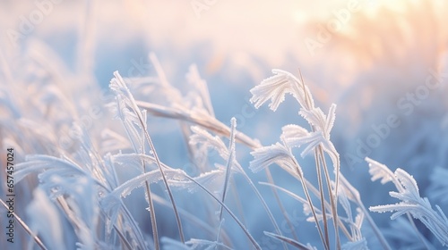 Beautiful background image of frost on nature grass close up. Frozen winter landscape with snow covered branches and ice blue background © Matthew