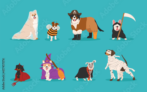 Cute dogs in different Halloween costume. Ghost, pirate, bee, devil witch and mummy. Happy Halloween vector illustration. Ideal for holiday cards, decorations, invitations and stickers