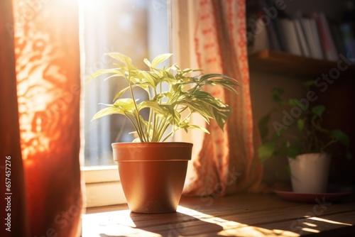 a potted plant placed on windowsill with sunlight pouring in