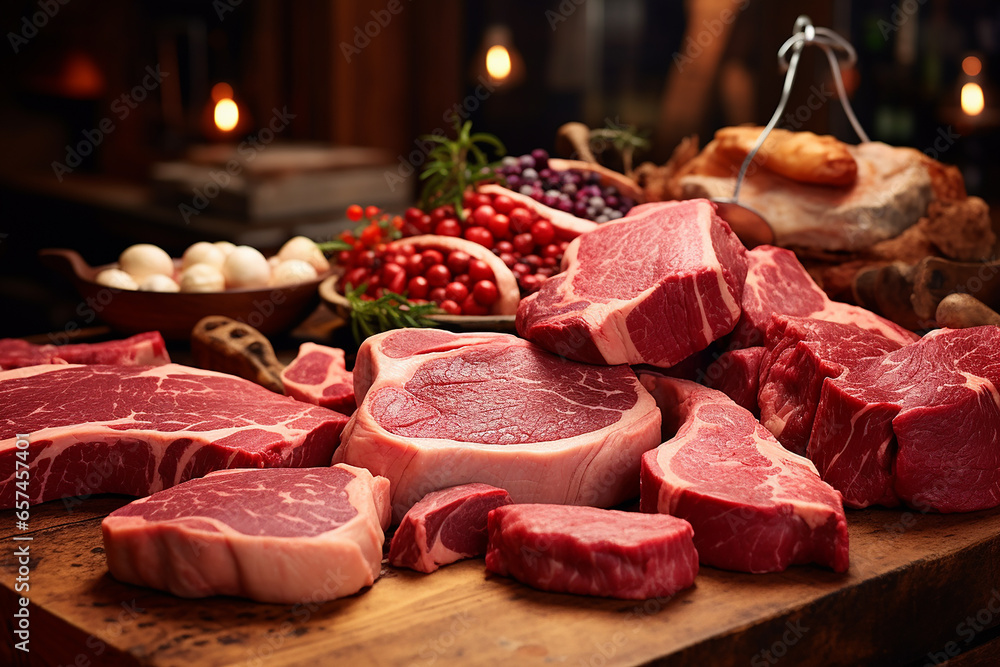 Selection of fresh raw red meat in supermarket, Different cuts of prime meat steaks on display in a grocery store meat counter