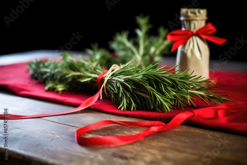 rosemary sprigs tied with a red ribbon on table