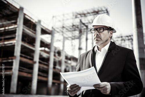 Construction inspector with plans in his hands looking at the construction site