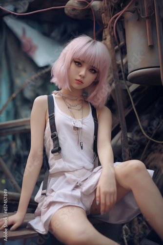 image of a girl with pink hair sitting on top of metal structures, in the style of romantic charm, gongbi, dollcore, light brown and white photo