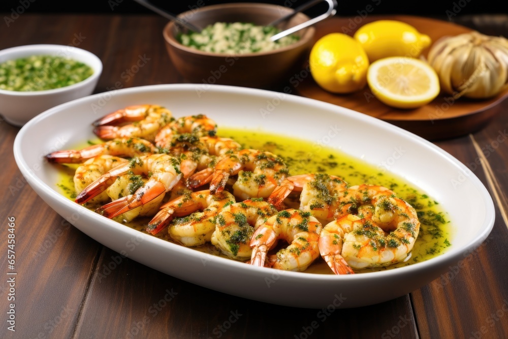 shrimp skewers accompanied by a bowl of freshly made garlic butter