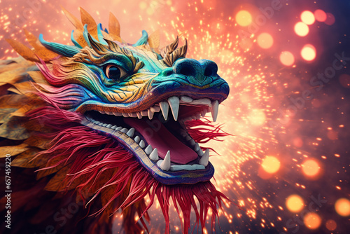 Dragon in the colorful glow and mist. New Year Chinese symbol. Color Banner with copy space.