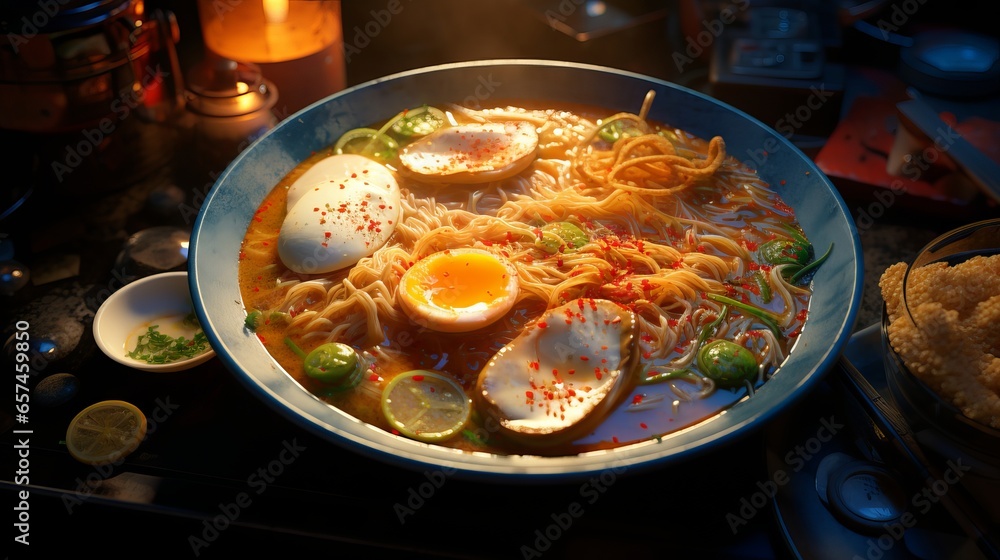 A delicious bowl of ramen with noodles, eggs, chicken, and vegetables on a wooden table A delicious bowl of ramen with noodles, eggs, chicken, and vegetables on a wooden table