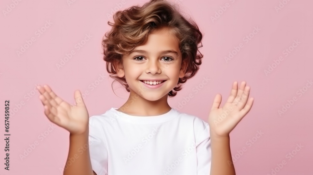 Little caucasian boy presenting and inviting to come with hand isolated on pink background. Little caucasian boy presenting and inviting to come with hand isolated on pink background.