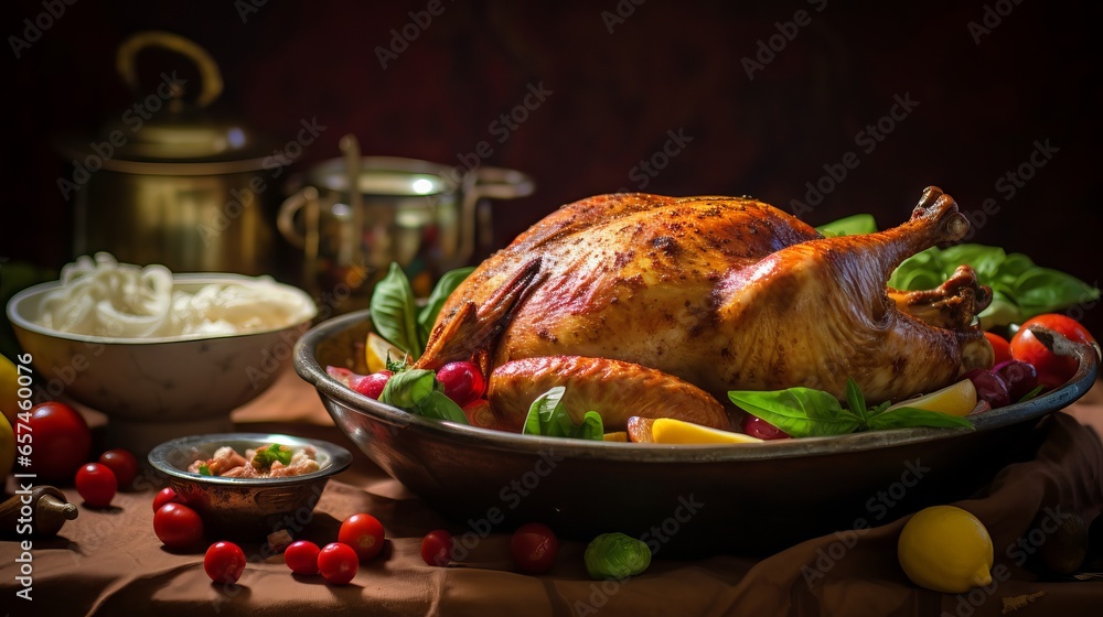 Roasted turkey with cranberry sauce and mashed potatoes on a festive table for Thanksgiving or Christmas dinner - obrazy, fototapety, plakaty 