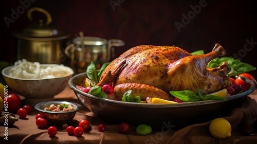 Roasted turkey with cranberry sauce and mashed potatoes on a festive table for Thanksgiving or Christmas dinner photo