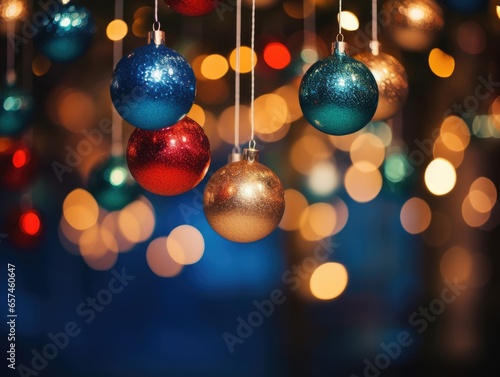 Vibrant Christmas Balls on Street Light at Night Copy Space ai generated