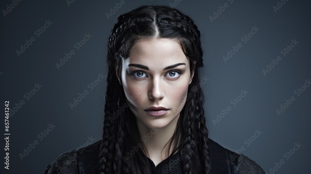 Caucasian woman with braids raven-black hair viking style on dark background. Caucasian woman with braids raven-black hair viking style on dark background.
