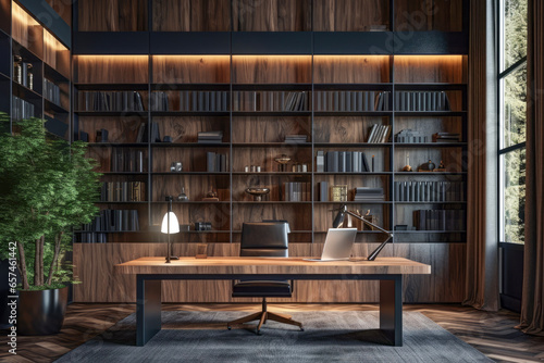 Natural lighting of large home office with wooden bookshelf covered walls and large wooden desk in background of luxury house. Stylish concept of buildings and fashion.