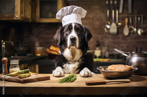 The dog cook is preparing dinner. Chef dog photo