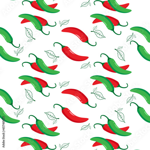 Chili peppers and leaves seamless pattern. vector illustration
