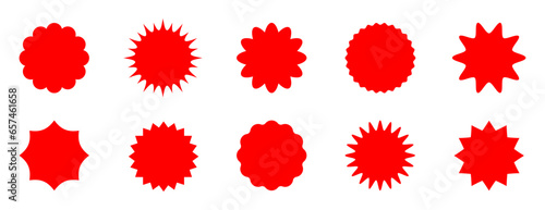 Flat simple starburst shapes. Red color sticker, label, promotional badge on white background