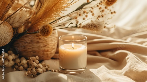 Generative AI, burning candle on beige background. Aesthetic muted composition dry flowers, textile. Home interior, comfort, spa, relax and wellness concept. 
