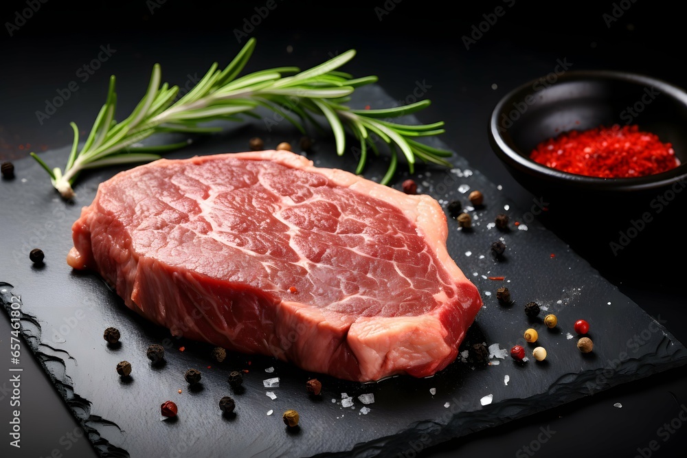 Raw beef steak cooking,High angle view of meat with ingredients on table Raw beef steak cooking,High angle view of meat with ingredients on table