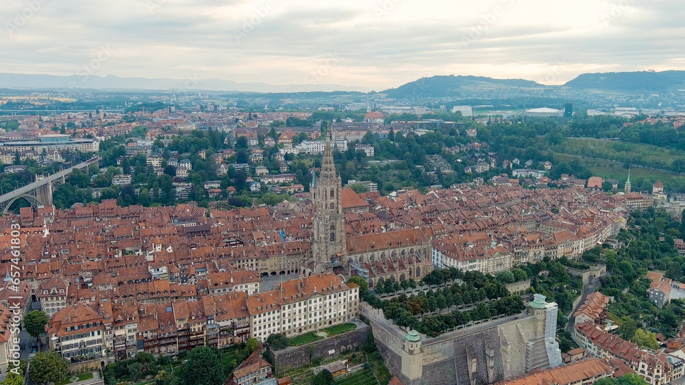 Bern, Switzerland. Bern Cathedral. Panorama of the city with a view of the historical center. Summer morning, Aerial View