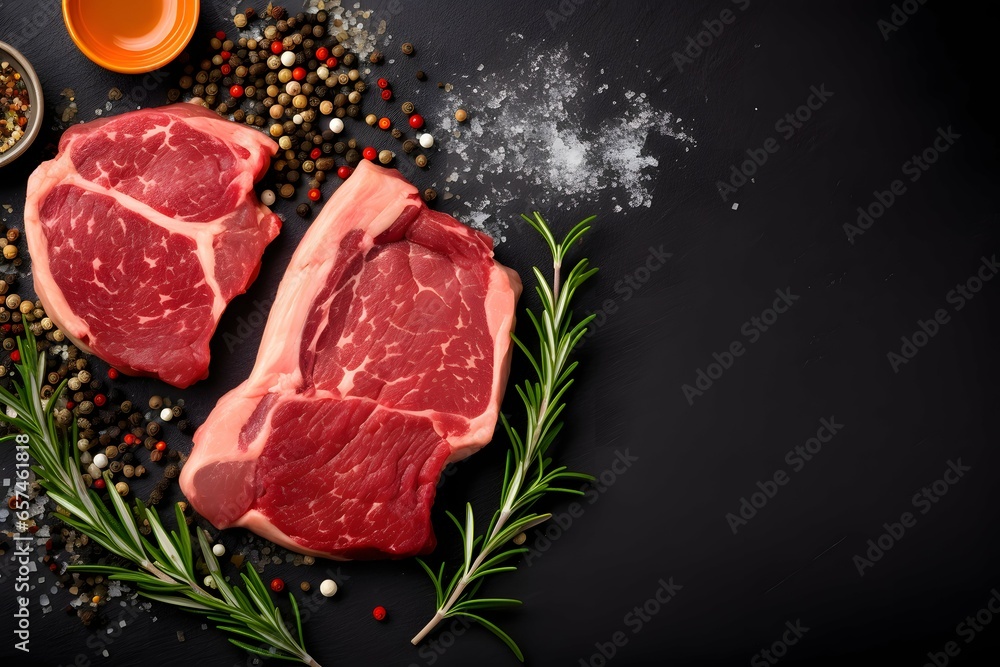 Raw beef steak cooking,High angle view of meat with ingredients on table