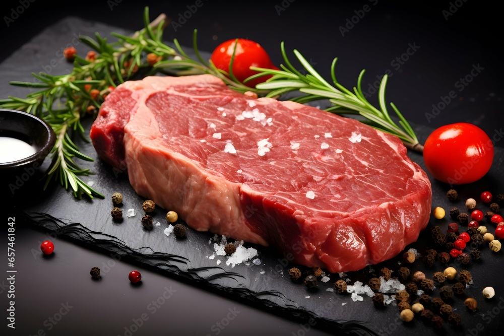 Raw beef steak cooking,High angle view of meat with ingredients on table