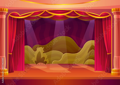 Theater stage with red curtains and spotlights. Theatre interior with empty wooden scene, luxury drapes and decoration with bushes. Vector cartoon illustration