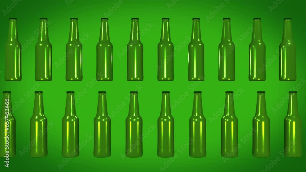 Empty glass alcohol bottles moving on the green background. Alcohol bottles with a black cap in the digital background. 3D Alcohol bottles moving in the background. Animation. Alcoholism concept Empty glass alcohol bottles moving on the green background. Alcohol bottles with a black cap in the digital background. 3D Alcohol bottles moving in the background. Animation. Alcoholism concept