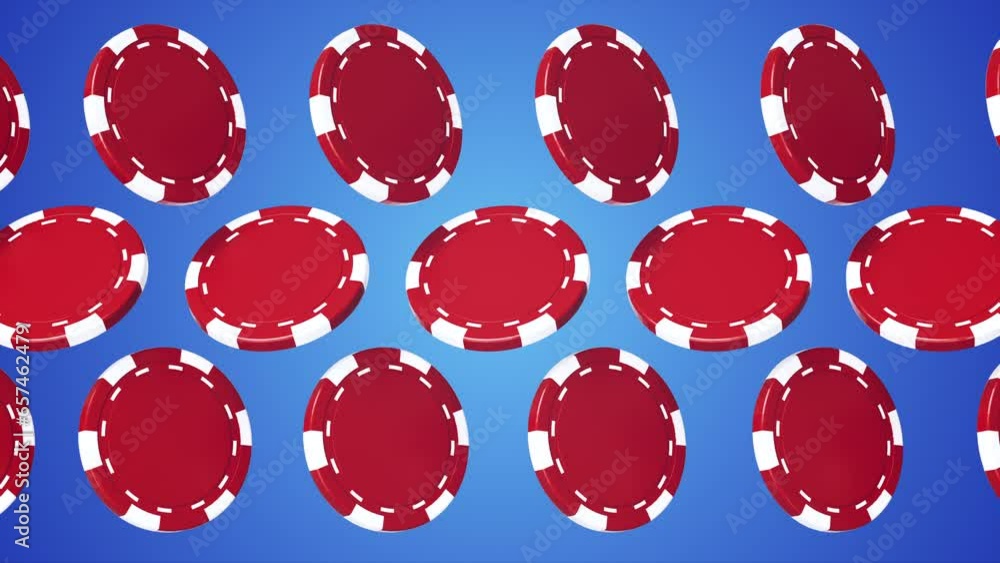 Multiple poker chips flying across the blue background. Red Poker chips slowly spinning in the