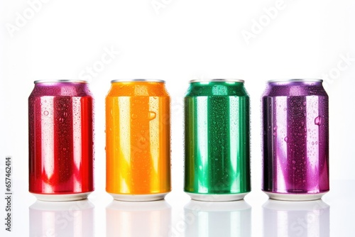brightly colored soda cans on a pure white background