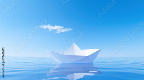 A white paper ship floating in the sea against a blue sky.