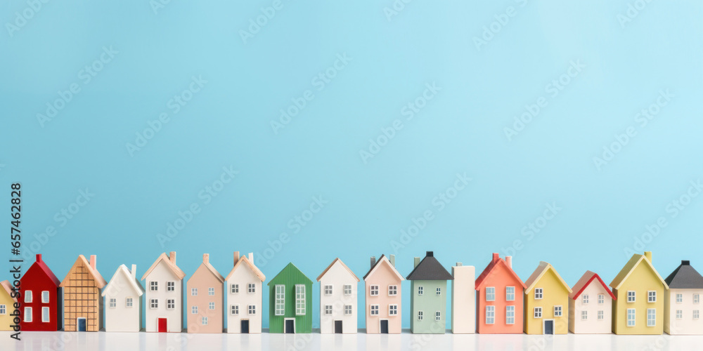 Small wooden toy colored houses on a blue background Small wooden toy colored houses on a blue background